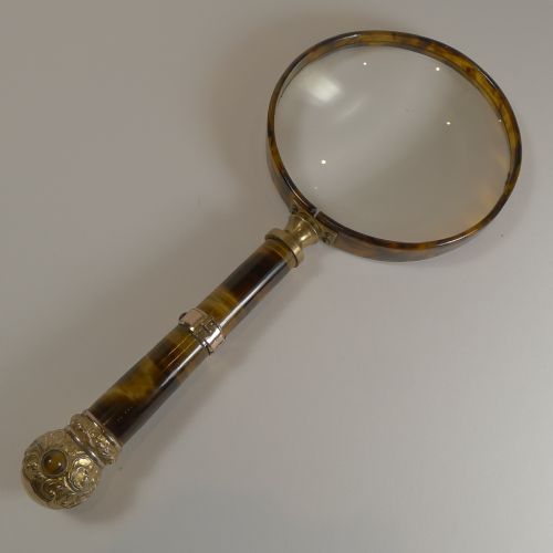 Grandest Antique English Magnifying Glass - Rare Tigers Eye Handle C.1890