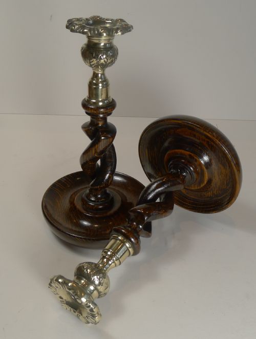 Pair 8" Antique English Oak Open Barley Twist Candlesticks - Brass Thistle Tops