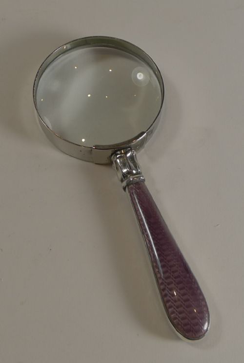 Exquisite Sterling Silver and Guilloche Enamel Handled Magnifying Glass