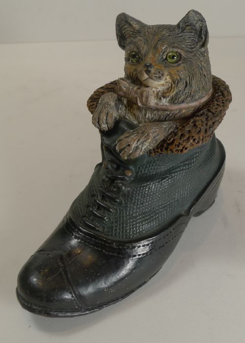 Fabulous Antique English Painted Terracotta Figural Inkwell - Cat in Boot C.1890
