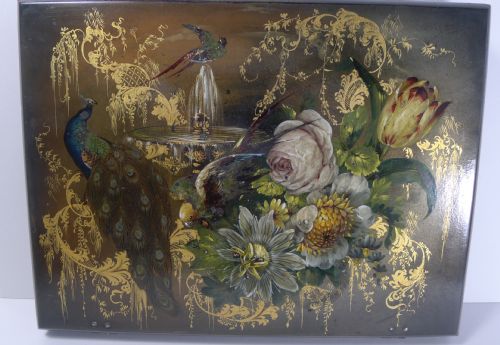 Exquisite Antique English Hand Painted Papier Mache Writing Box / Lap Desk Dated 1844
