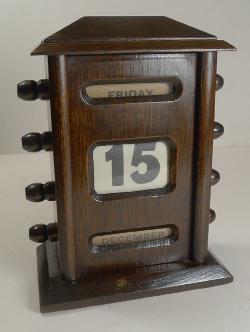 Small Antique English Dark Oak Perpetual Desk Calendar C.1900