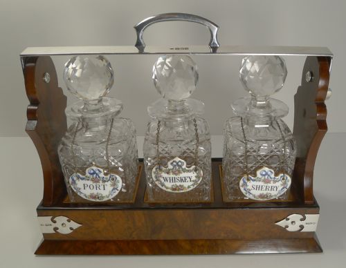 Rare Antique English Burr Walnut and Sterling Silver Tantalus - 1901