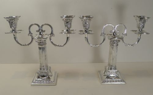 Fabulous Small Pair Corinthian Column Antique English Two Arm Candelabra - Rams Head - 1893