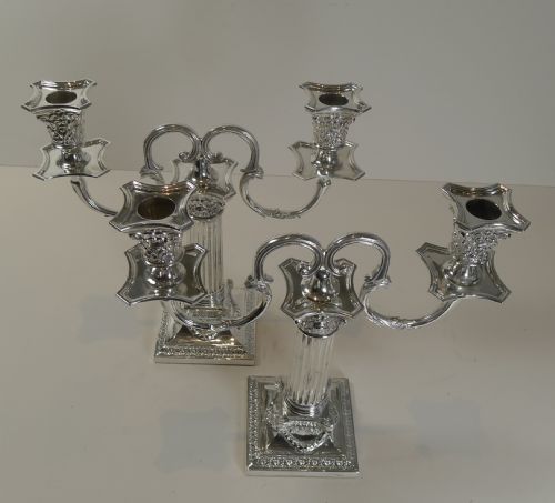 fig 1. Fabulous Small Pair Corinthian Column Antique English Two Arm Candelabra - Rams Head - 1893