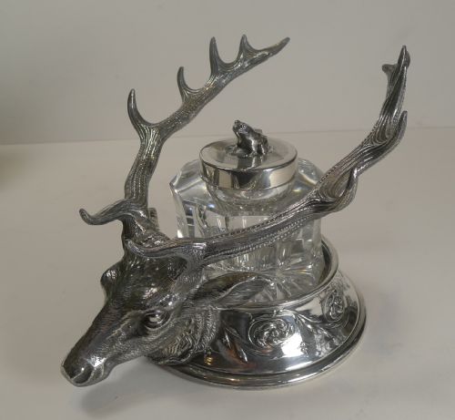 Antique Figural Stag and Frog Inkwell / Pen Rest by Reed and Barton C.1900