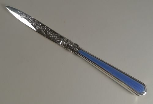 Antique English Sterling Silver & Blue Guilloche Enamel Letter Opener