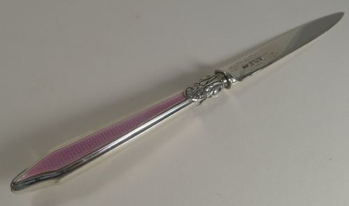 Antique English Sterling Silver & Pink Guilloche Enamel Letter Opener