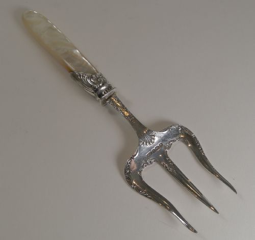 Grand Large Antique English Sterling Silver and Mother of Pearl Bread Fork - 1895
