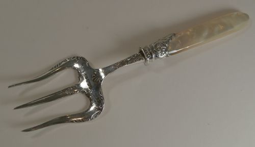 fig 1. Grand Large Antique English Sterling Silver and Mother of Pearl Bread Fork - 1895