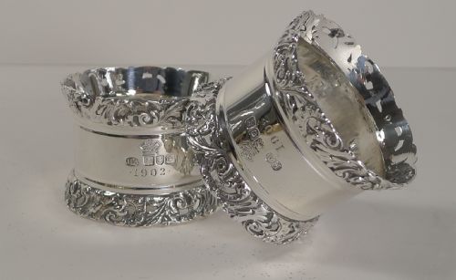 Exceptional Pair Antique English Sterling Silver Napkin Rings - Edward VII Coronation