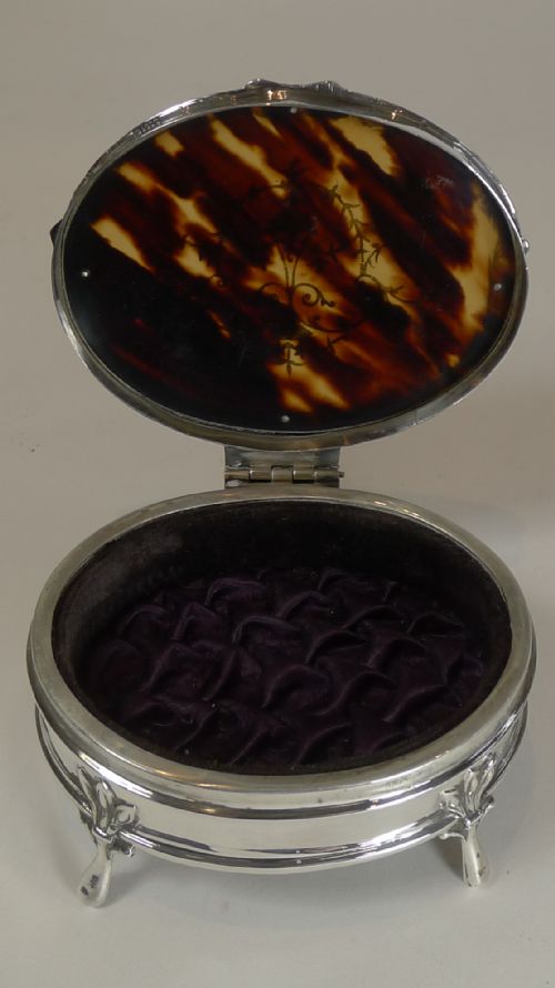 fig 1. Superb Antique English Sterling Silver and Tortoise Shell jewellery Box by Charles Boyton