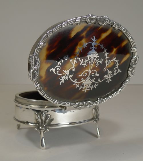 Superb Antique English Sterling Silver and Tortoise Shell Jewellery Box by Charles Boyton
