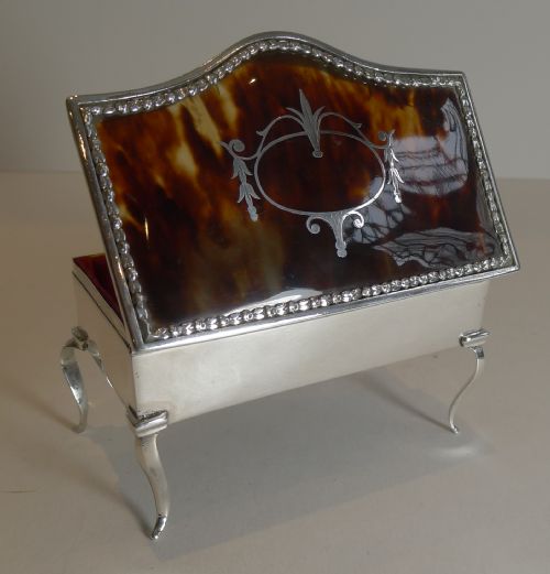 Large Antique English Sterling Silver and Tortoiseshell Jewellery Box - 1913