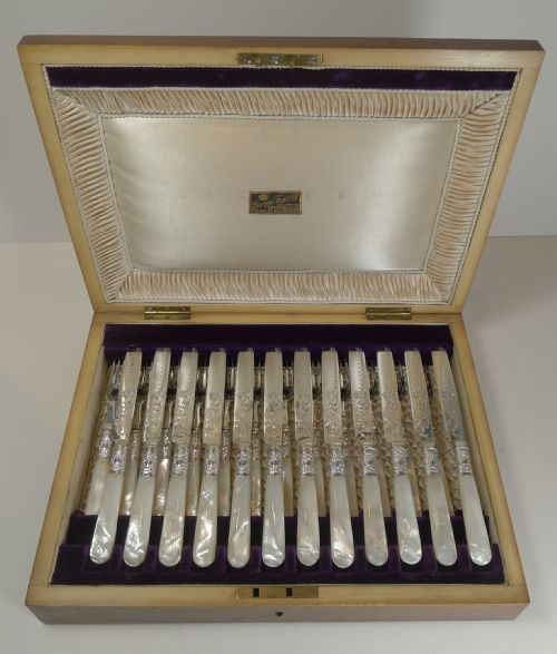 Magnificent Set 12 Fruit Knives & Forks / Mother of Pearl Handles - Levesley Brothers C.1890