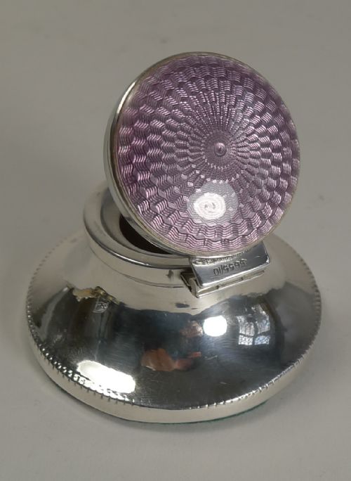 Charming Little Sterling Silver and Lilac Guilloche Enamel Inkwell