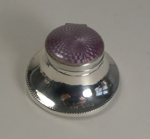 fig 1. Charming Little Sterling Silver and Lilac Guilloche Enamel Inkwell