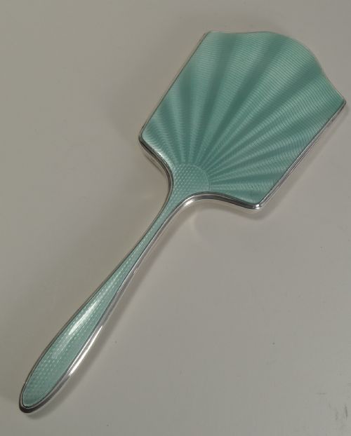 Stunning Art Deco English Sterling Silver & Guilloche Enamel Hand Mirror