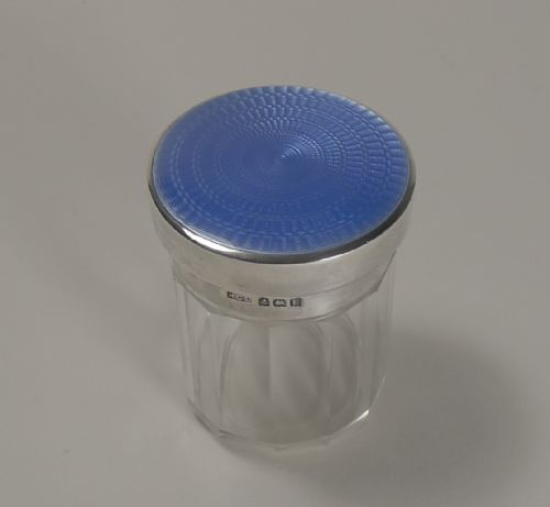 Small Cut Crystal Vanity Jar / Pot with Sterling Silver & Guilloche Enamel Lid