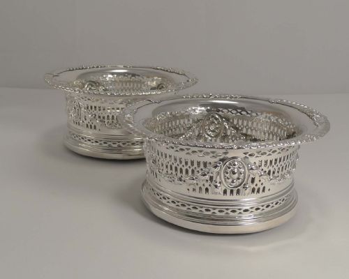 fig 1. Handsome Pair Antique English Silver Plated Wine Coasters or Slides c.1900