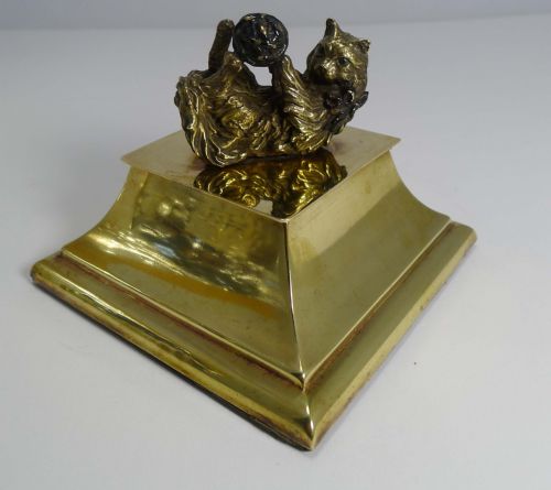 Charming Antique English Figural Inkwell - Bronze Kitten / Cat C.1880
