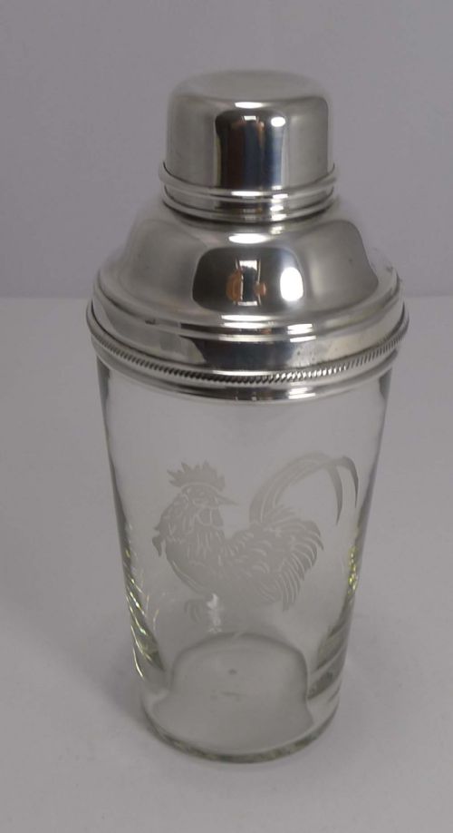 Vintage English Glass and Sivler Plate Cocktail Shaker - Rooster, by James Dixon C.1930