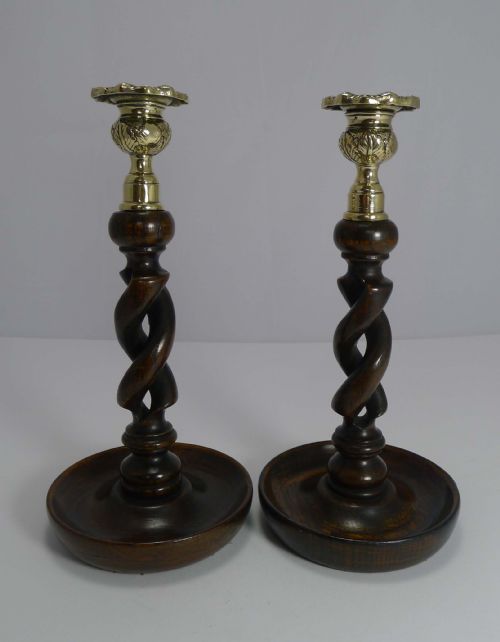 Pair Antique English 10" Oak Open Barley Twist Candlesticks - Brass Thistle Tops