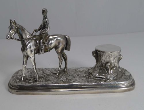 Antique English Figural Inkwell - Horse and Jockey by Pryor Tyzack and Co. C.1860
