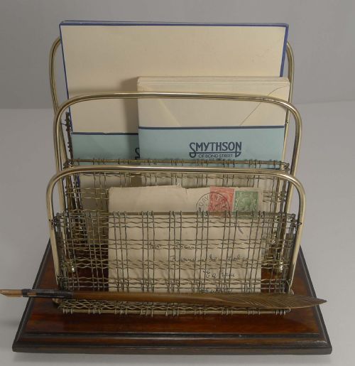 Unusual Antique English Oak and Brass Mesh Stationery / Letter Holder by William Tonk and Sons.