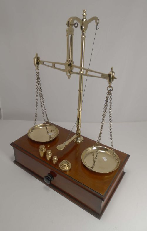 fig 1. Large Antique English Travelling Apothecary Scales In Mahogany & Brass c.1880