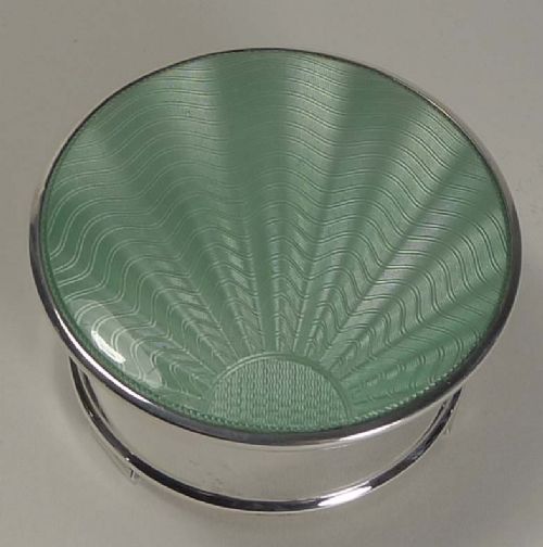 Pretty Vintage English Sterling Silver and Green Guilloche Enamel Jewellery Box - 1935
