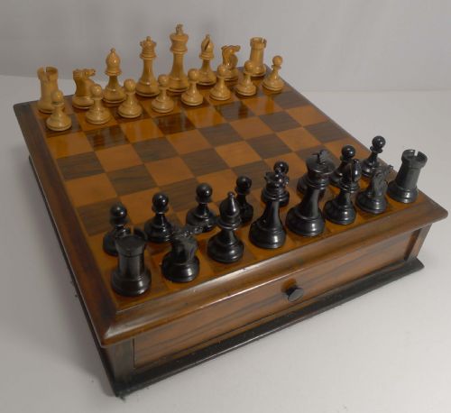 Antique English Games Box - Chess and Draughts; Rosewood and Fruitwood C.1880