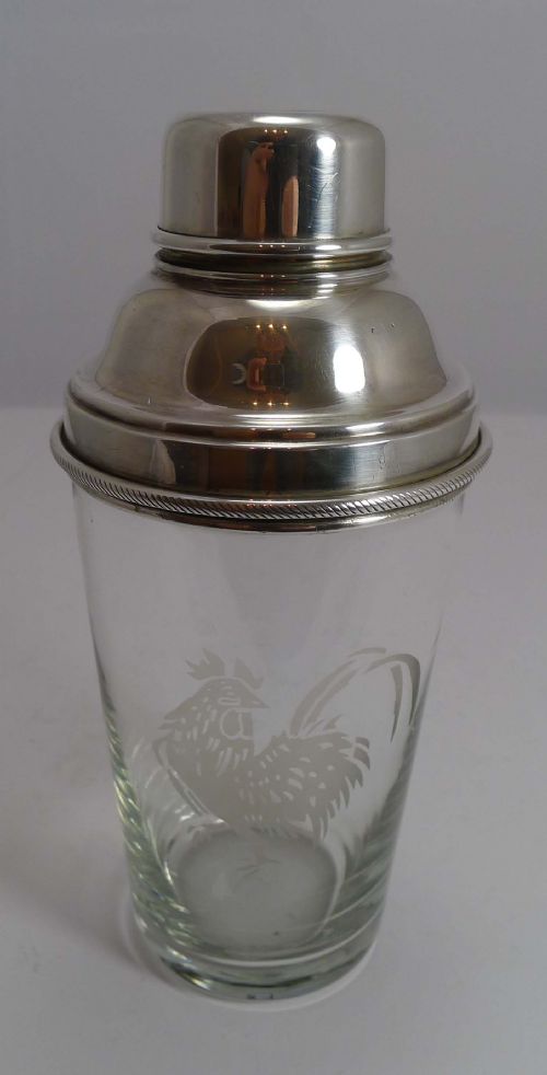 Vintage English Glass and Sivler Plate Cocktail Shaker - Rooster, C.1930