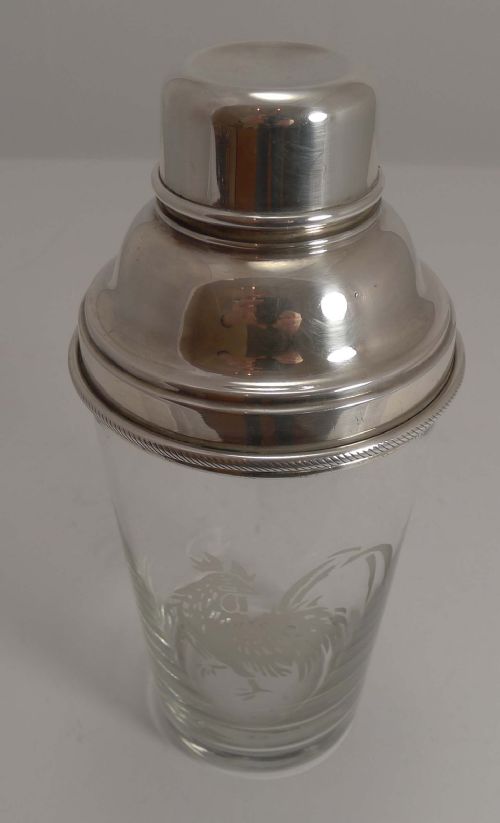 fig 1. Vintage English Glass and Sivler Plate Cocktail Shaker - Rooster, c.1930