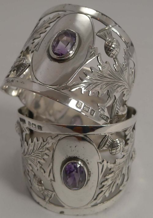 Fabulous Pair Antique English Sterling Silver Napkin Rings - Scottish Thistles and Amethyst Coloured Cairngorms