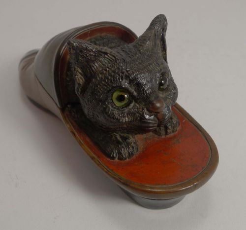 Charming Antique Hand Carved Black Forest Figural Inkwell - Cat in Shoe - Glass Eyes