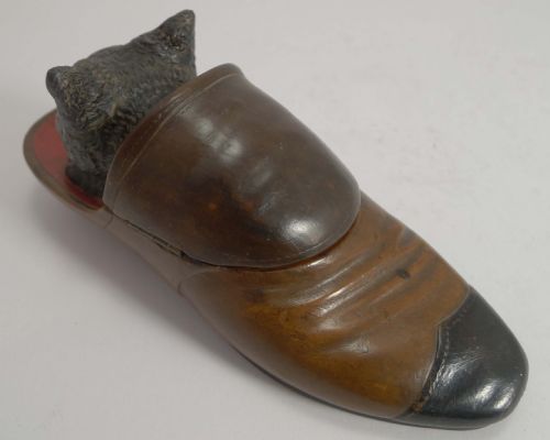 fig 1. Charming Antique Hand Carved Black Forest Figural Inkwell - Cat In Shoe - Glass Eyes