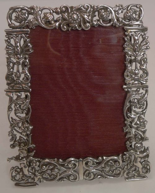 Stunning Antique English Cast Sterling Silver Photograph Frame - Cherubs - 1887