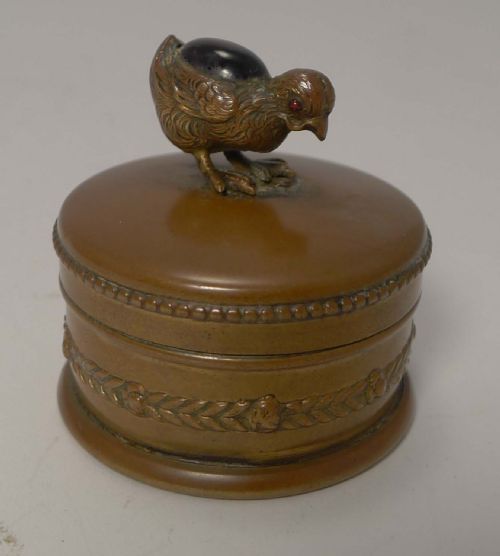 Victorian Brass Ring / Trinket Box - Figural Chick - Amethyst Coloured Stone