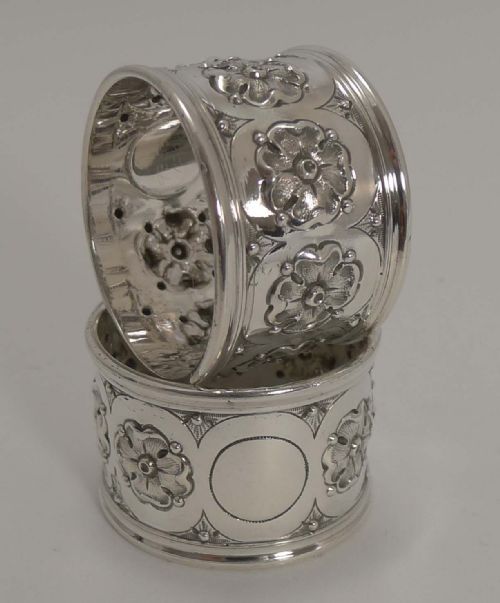 Fine Quality Pair Antique English Sterling Silver Napkin Rings - 1896