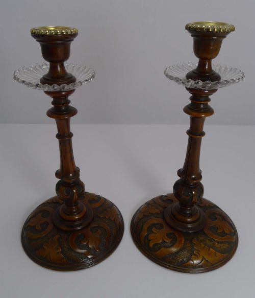 Rare Pair Antique English Carved Fruitwood Candlesticks - Glass Drip Trays C.1890