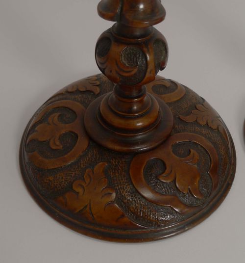 fig 1. Rare Pair Antique English Carved Fruitwood Candlesticks - Glass Drip Trays c.1890