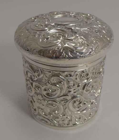 Handsome Antique English Sterling Silver Cylindrical Dressing Table Box