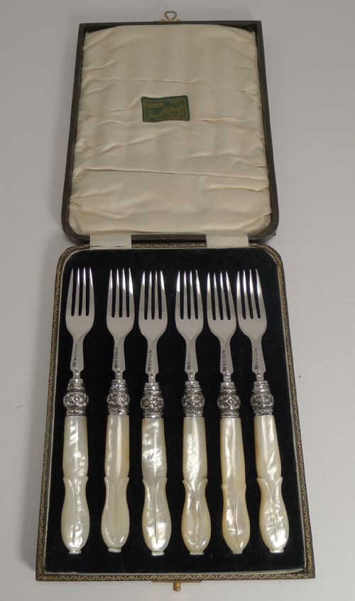 Antique English Sterling Silver & Mother of Pearl Cake or Desert Forks - 1869