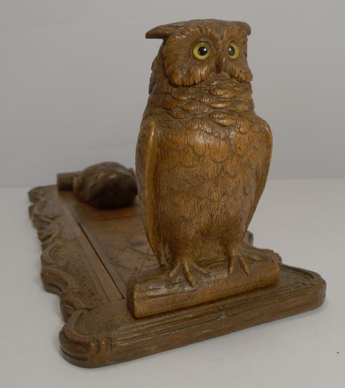 Stunning Quality Antique Figural Carved Black Forest Book Ends / Holder - Owls