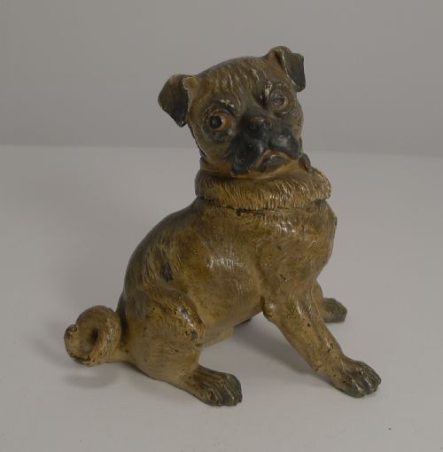 Magnificent Large Austrian Cold Painted Bronze Dog Inkwell - Pug C.1900