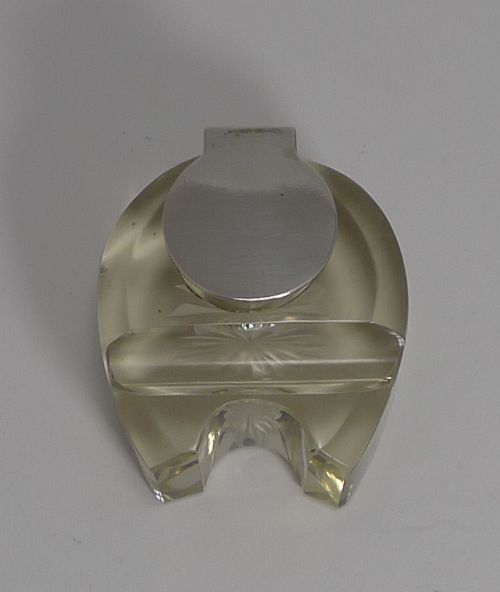 Antique English Horseshoe / Equestrian Crystal and Sterling Silver Inkwell - 1899