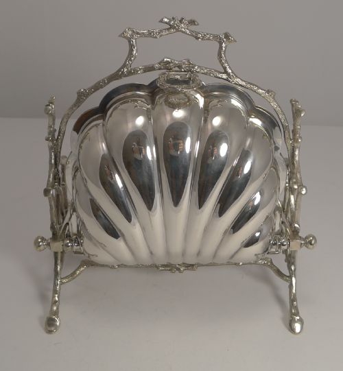 fig 1. Magnificent Shell Shaped Staniforth Patent Folding Biscuit Box - Gilded Interior by Fenton Brothers