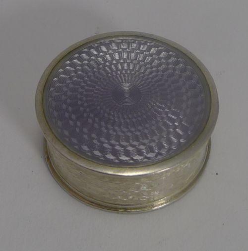 fig 1. Antique English Sterling Silver and Lilac Guilloche Enamel Pill Box - 1909