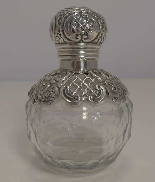 Unusual Antique English Cut Crystal and Sterling Silver Perfume Bottle - 1887